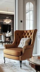 Elegant tufted leather armchair in warm caramel hue, adorned with a plush cushion, stands gracefully in a refined living space with arched windows and chandelier.