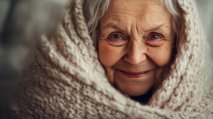 Smiling elderly woman in a cozy knit sweater, her wrinkled face radiating warmth and kindness, soft natural light