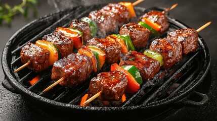 Close-up of marinated beef shish kebabs sizzling over a charcoal grill