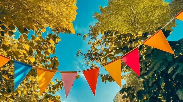 Colorful triangular flags are strung across a sunny sky, framed by lush green leaves. The festive setting suggests a celebration or outdoor event, evoking a joyful and vibrant mood.