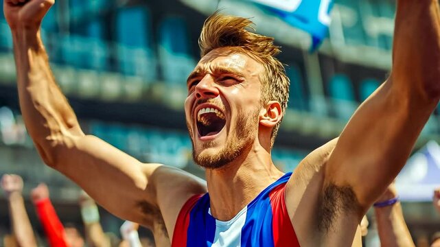 Exhilarated young Caucasian male athlete in blue celebrates his victory with fists raised in a packed stadium during daylight, evoking themes of triumph and determination.