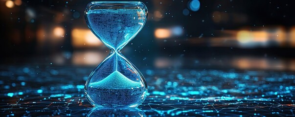 Blue glowing hourglass with flowing data streams as sand suspended in a dark void with space for custom tech related messaging