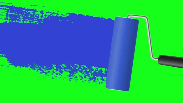 Paint roller with stripe of blue paint on green background
