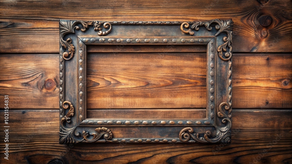 Aufkleber ornate picture frame on wooden wall with empty space for text or image