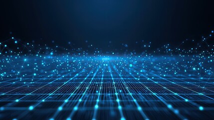 Abstract blue technology grid with floating nodes and data clusters creating a sense of digital flow and innovation with a blank area for text or visuals