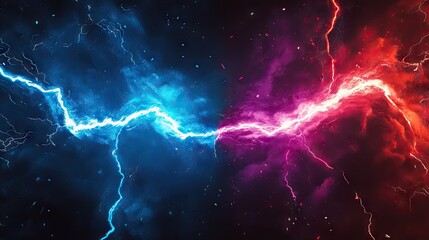 An electrifying visual of blue and red lightning bolts crackling against a dark background, symbolizing chaos and energy.