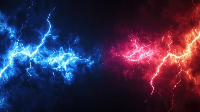 Dynamic electric blue and red lightning bolts clash against a dark background, creating a dramatic and vibrant visual effect.