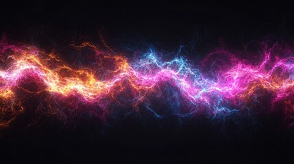 Obraz premium A vibrant display of electric energy depicted in bright pink, blue, and orange hues against a black backdrop.