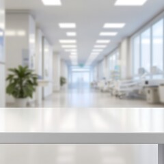 A clean, modern hospital corridor with patient beds and plants, emphasizing healthcare environment.