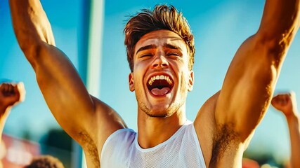 A young Caucasian male in a white tank top exults with arms raised in a sunny outdoor setting. His expression conveys euphoric victory and joy.