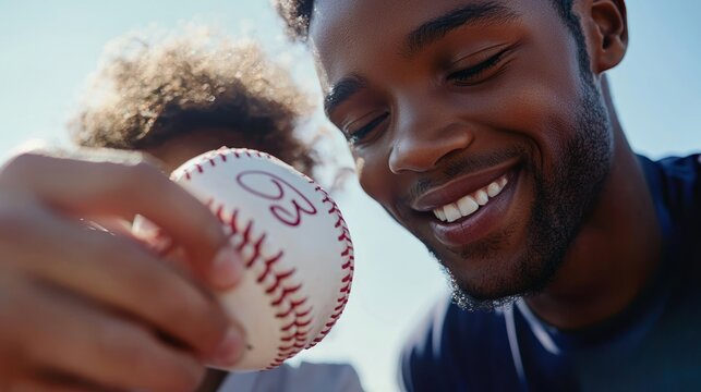 an autograph shown by a sports star signing a baseball for a young fan, capturing the excitement of a memorable moment