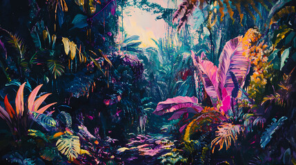 Obraz premium A vast, alien jungle with gigantic, luminous plants and bizarre wildlife, depicted in thick oil paint that brings out the vibrant colors and surreal textures, generative ai. Alien Jungle. Illustration