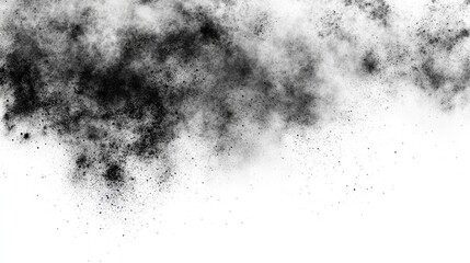Abstract black and gray smoke cloud against a white background, creating a dramatic and dynamic visual effect.