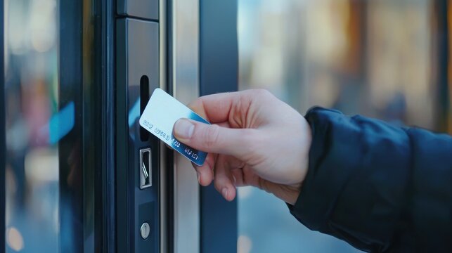 a secure key card being swiped at a restricted door, illustrating physical authorization for entry