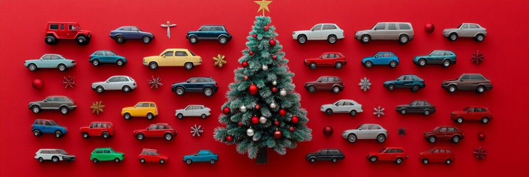 Festive holiday scene featuring colorful toy cars arranged around a miniature Christmas tree, creating a unique and playful automotive-themed seasonal display on a bright red background.