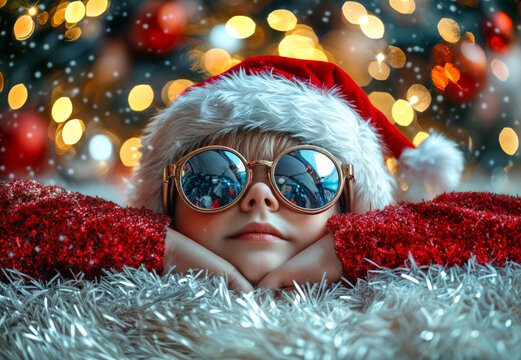 Child wearing a santa claus hat and sunglasses is relaxing on a fluffy blanket in front of christmas lights