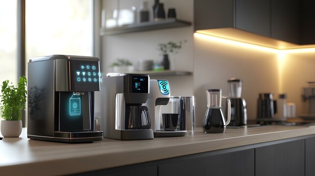 Modern kitchen featuring a series of coffee makers, showcasing sleek designs and advanced technology in a stylish, functional space.