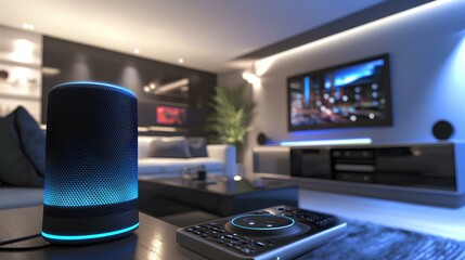 A sleek, modern living room featuring a smart speaker, remote control, and a large wall-mounted TV, accentuated by ambient lighting.