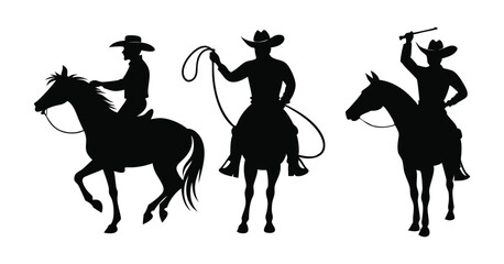 Silhouette of Cowboys in Action Riding, Shooting, and Whipping on Horseback