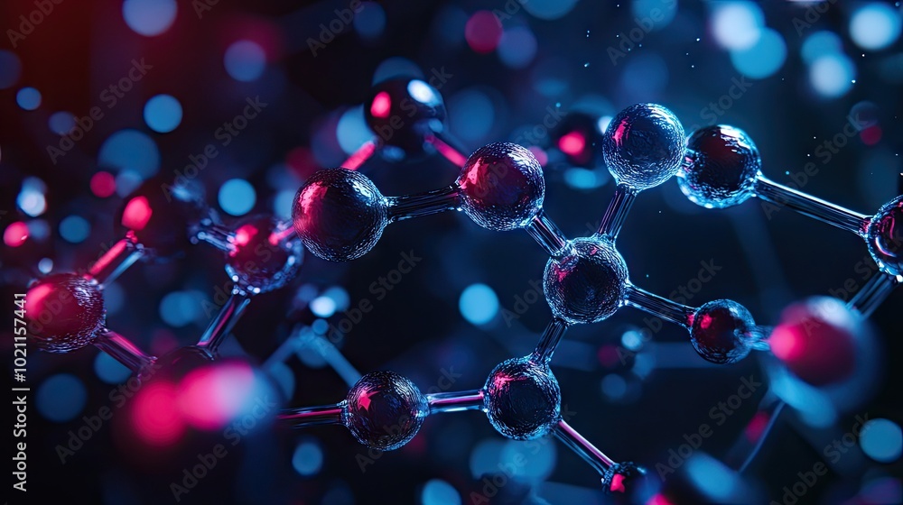 Poster a close-up of vibrant molecular structures illuminated in blue and red, creating a futuristic scient