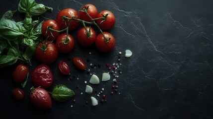 Fresh tomatoes and basil with spices on a dark rustic surface, perfect for Italian cuisine inspirations.