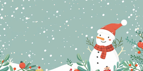 Cute Cartoon Snowman in Red Hat and Scarf on a Winter Wonderland Christmas Card,Generated By Ai