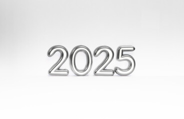 Minimalistic silver numbers of the new year 2025 on a white background, holiday card, banner