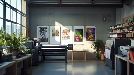 A bright, modern workspace featuring large windows, artwork on display, and printing equipment alongside greenery for a fresh atmosphere.