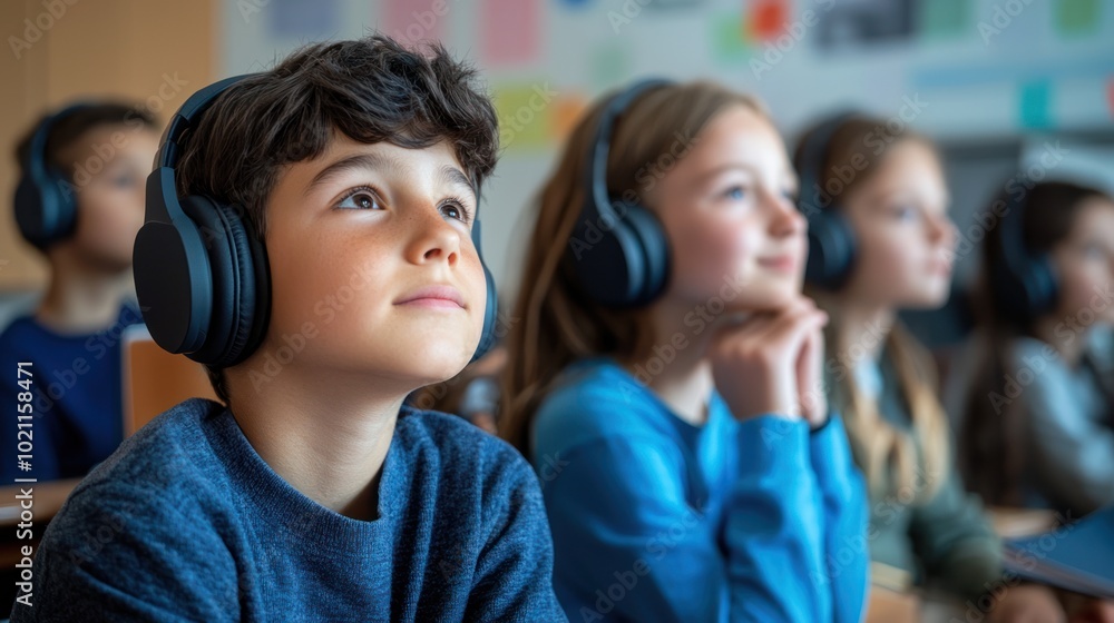 Poster auditory shown by a classroom where students are wearing headsets during a language-learning session, concentrating on listening exercises