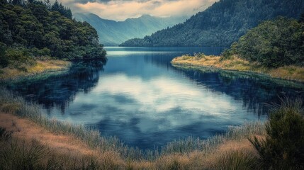 Obraz premium Serene landscape featuring a calm lake surrounded by lush greenery and mountains under a moody sky.