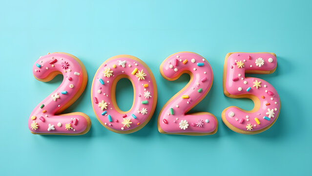 Numbers 2025 made of donuts on a blue background