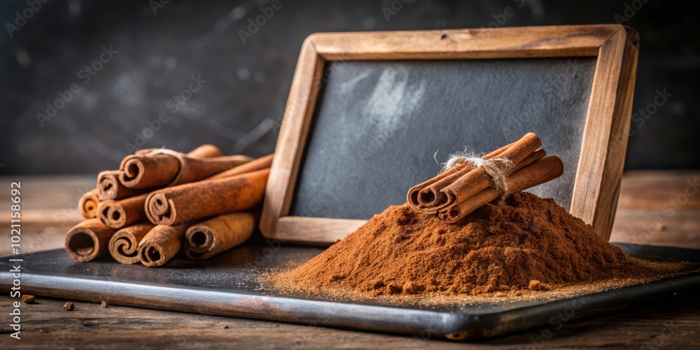 Poster aromatic cinnamon sticks and ground spice on a slate serving board beside a rustic wooden frame