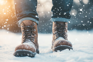A close-up of the boots worn by an outdoor enthusiast standing in snow. 
