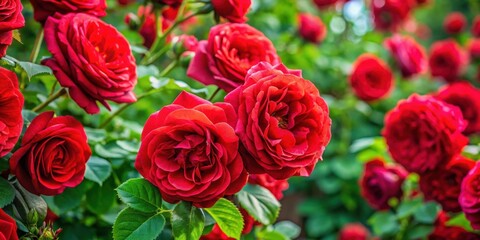A vibrant display of blooming crimson roses amidst lush green foliage, capturing the essence of natural beauty.