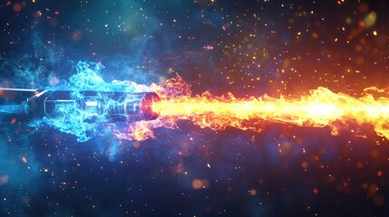 A vibrant and dynamic image of a futuristic weapon emitting colorful fire and energy blasts in blue and orange hues.
