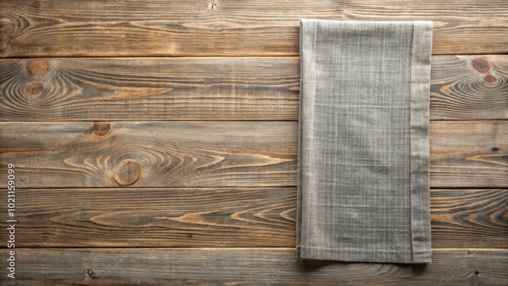 Aufkleber a rustic wooden surface with a single gray linen napkin placed on the right side.