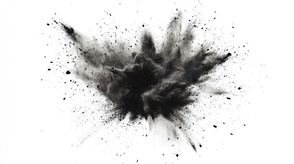 An abstract explosion of black powder against a stark white background, creating a dynamic and powerful visual impact.