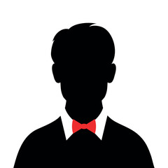 Abstract man silhouette in red bow tie. Dark male silhouette avatar emblem. Vector illustration