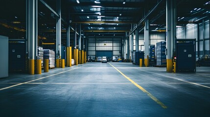 A spacious, industrial warehouse with concrete floors, bright overhead lights, and organized storage areas along the sides.