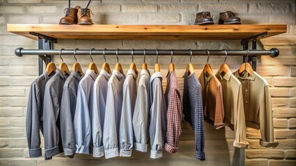 A row of shirts hanging on a wooden rack against a brick wall
