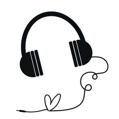 Headphones with heart shaped cord isolated on white background. Love listening to music. Vector illustration