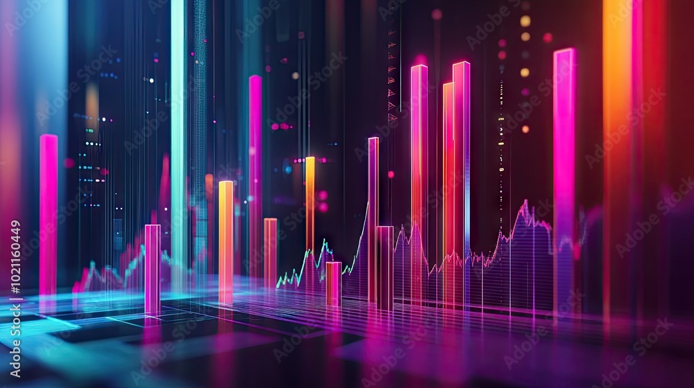 Poster vibrant abstract financial data visualization with colorful graphs and bar charts against a dark bac
