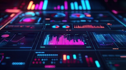 Obraz premium Vibrant data visualization displays in neon colors showcasing graphs and analytics.