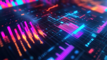Vibrant digital data visualization with colorful lines and bars representing data analysis.