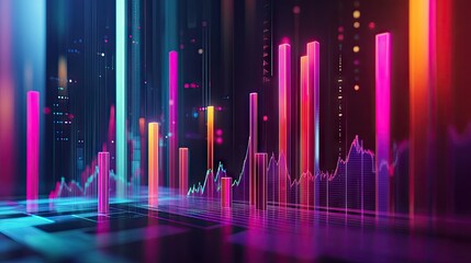 Vibrant abstract financial data visualization with colorful graphs and bar charts against a dark background.
