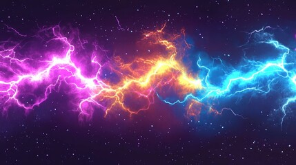 Obraz premium A vibrant display of cosmic energy, featuring electric blue, fiery orange, and radiant pink hues in a starry background.