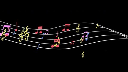 multi colored music notes on musical stave - motion graphics loop background with alpha channel