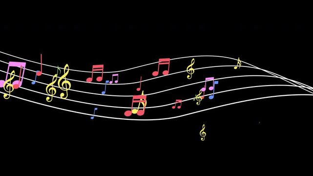 multi colored music notes on musical stave - motion graphics loop background with alpha channel