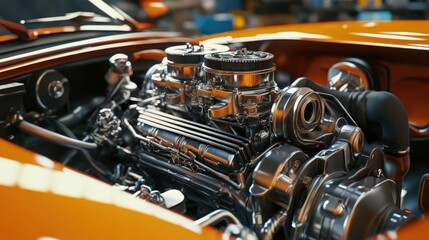 Fototapeta premium Close-up of a polished engine in vibrant orange, showcasing intricate details and chrome accents.