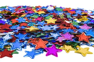 Fototapeta premium Colorful star-shaped confetti scattered on a white background.